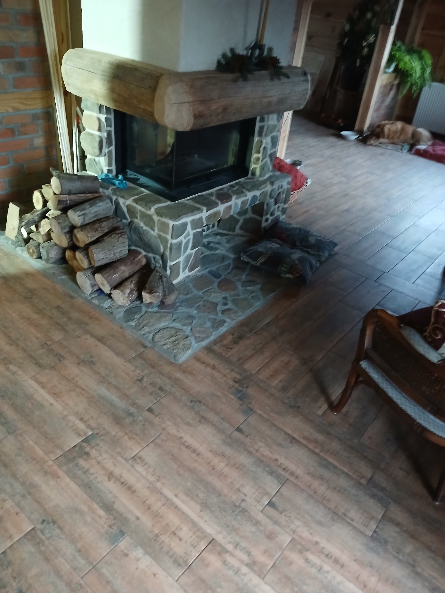 Kamienny kominek z drewnianą belką, obok ułożone drewno na opał, na podłodze brązowe płytki imitujące drewno, w tle widoczny pies leżący na poduszce.