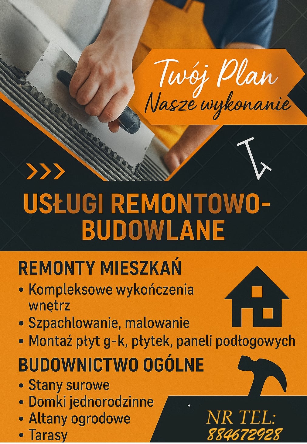 Grafika reklamowa usług remontowo-budowlanych: układanie płytek, remonty mieszkań, budownictwo ogólne. Pomarańczowo-czarne tło, widoczna dłoń z kielnią.