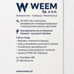 Grafika reklamowa firmy WEEM Sp. z o.o. oferującej usługi budowlane, instalacyjne i modernizacyjne, ze szczególnym uwzględnieniem napraw i malowania elewacji oraz napraw ubytków, zawierająca logo...
