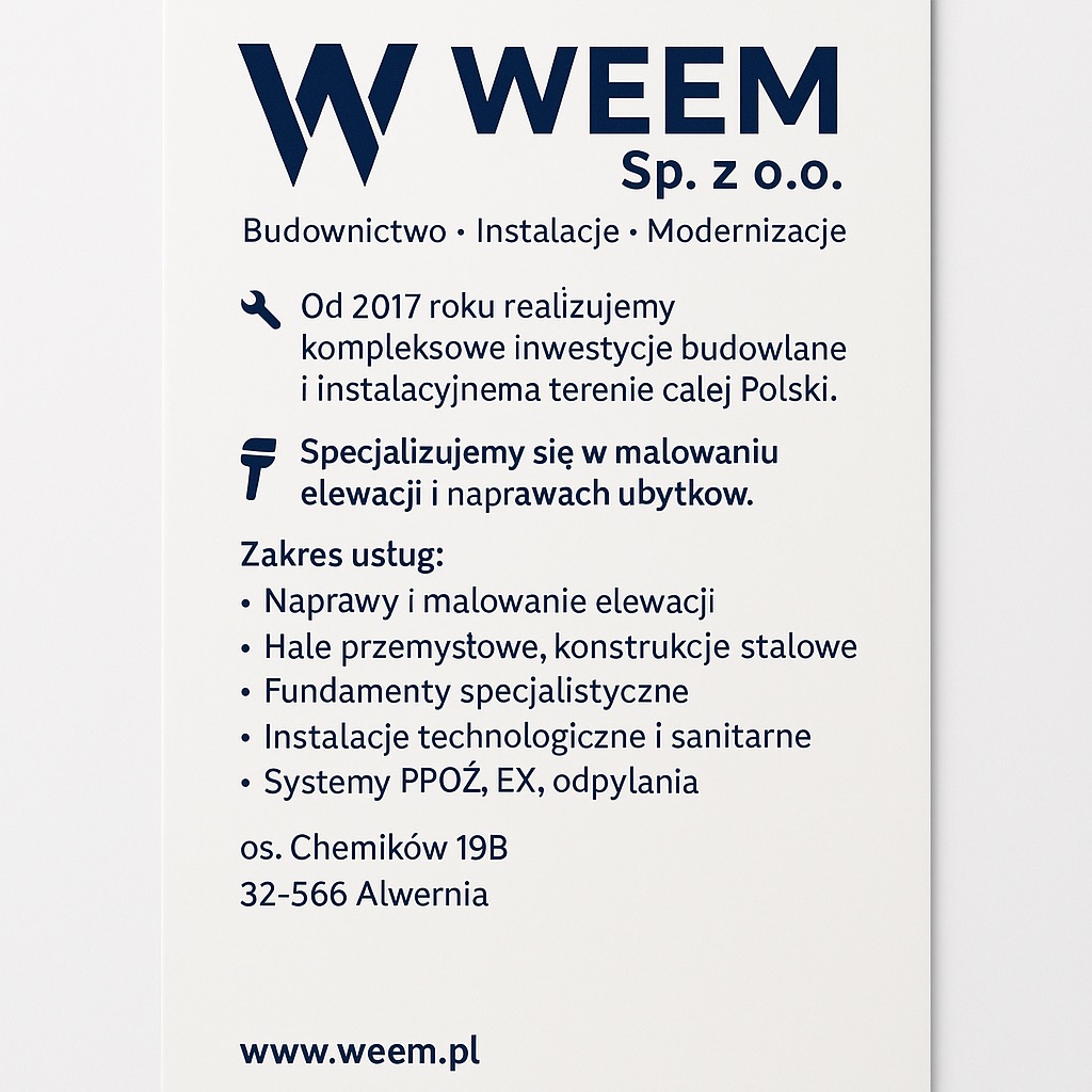Grafika reklamowa firmy WEEM Sp. z o.o. oferującej usługi budowlane, instalacyjne i modernizacyjne, ze szczególnym uwzględnieniem napraw i malowania elewacji oraz napraw ubytków, zawierająca logo...