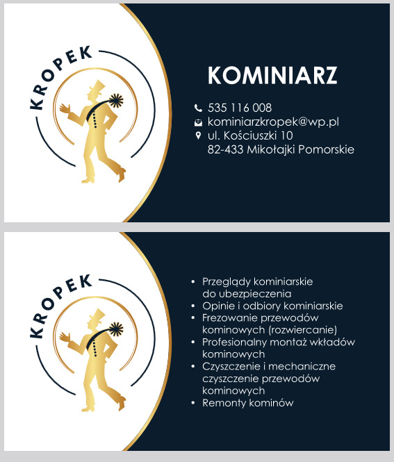 Wizytówka firmy kominiarskiej KROPEK z Mikołajek Pomorskich, zawierająca logo z sylwetką kominiarza w złotym kole, dane kontaktowe i listę usług: przeglądy, odbiory, frezowanie, montaż wkładów...
