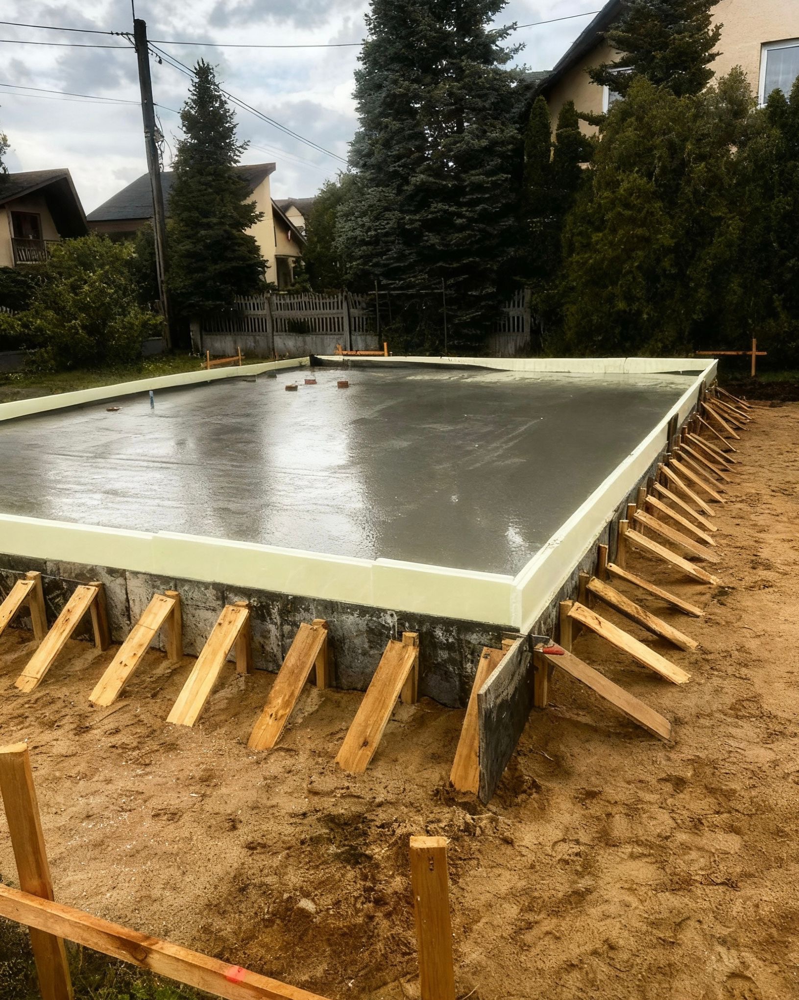 Zalany fundament z izolacją i drewnianym szalunkiem, widok z góry. Świeży beton odbija światło, w tle domy i drzewa. Etap budowy domu.