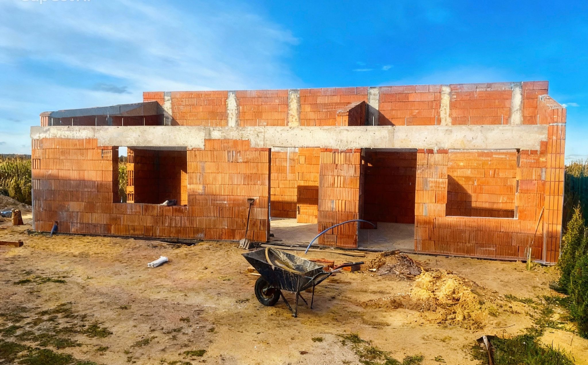 Wznoszenie ścian parterowego domu z czerwonej cegły ceramicznej. Widoczna taczka i narzędzia budowlane. Niebo błękitne, słoneczny dzień. Etap budowy w toku.