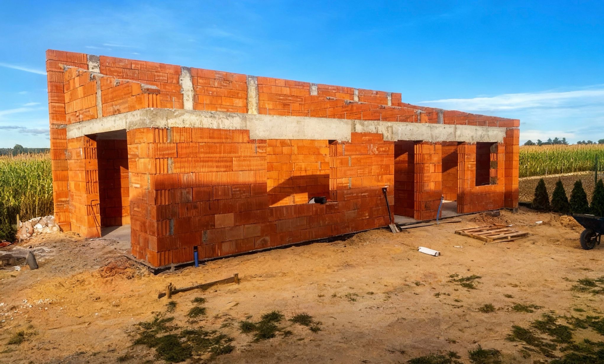 Wznoszenie ścian parterowego domu z czerwonej cegły. Widoczne otwory okienne i drzwiowe, betonowy wieniec. W tle pole kukurydzy i błękitne niebo.