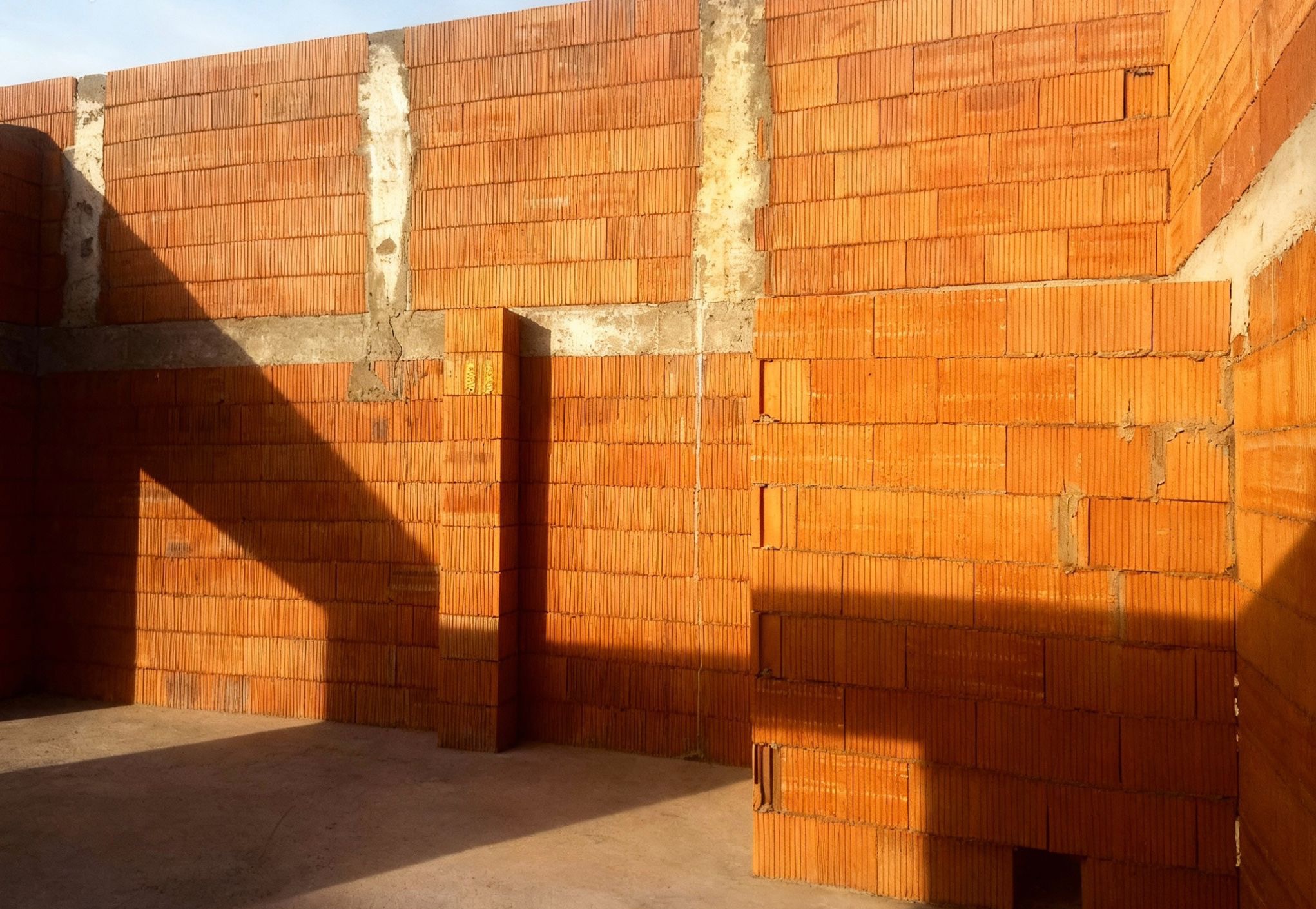 Wnętrze domu w trakcie budowy: ściany z czerwonej cegły dziurawki, betonowe nadproża, cień na ścianie. Widok na surowy stan budynku.