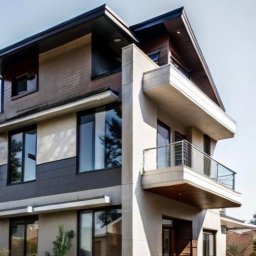 NFB INVEST SP. Z O.O. - Nowoczesny dwupiętrowy dom z balkonem i płaskim dachem, elewacja w odcieniach szarości i brązu, minimalistyczny ogród z niskimi żywopłotami.