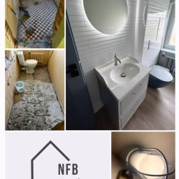 NFB INVEST SP. Z O.O. - Kolaż zdjęć łazienki: widok przed remontem z fragmentami starej podłogi i ścian, oraz widok po remoncie z nowoczesną umywalką, okrągłym lustrem z podświetleniem LED i toaletą w ciemnym kolorze...