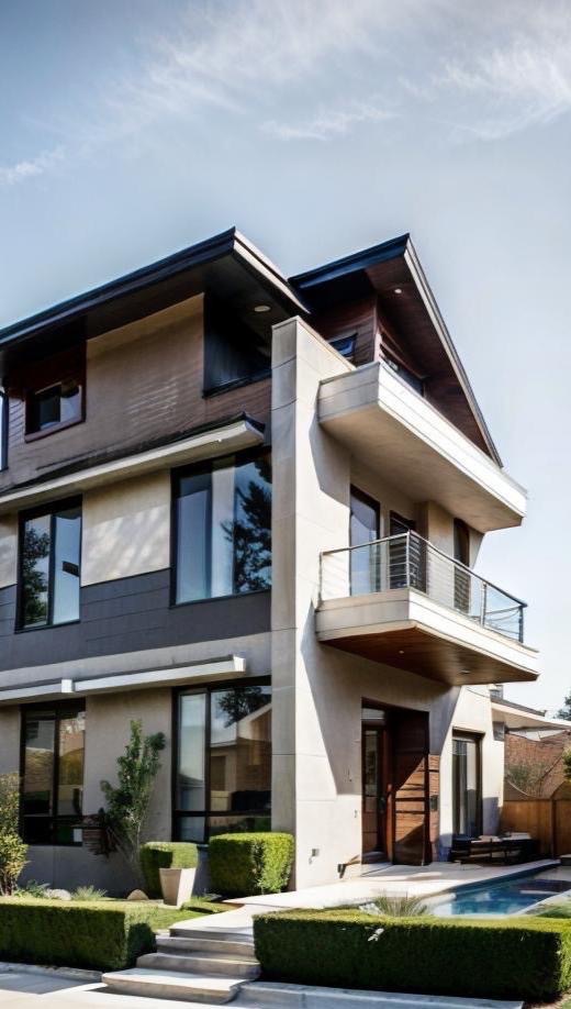 Nowoczesny dwupiętrowy dom z balkonem i płaskim dachem, elewacja w odcieniach szarości i brązu, minimalistyczny ogród z niskimi żywopłotami.