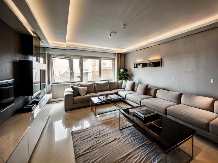 Jasne, przestronne wnętrze salonu z narożną sofą, dwoma czarnymi stolikami kawowymi i podświetlanym sufitem, widok na miasto przez duże okna.