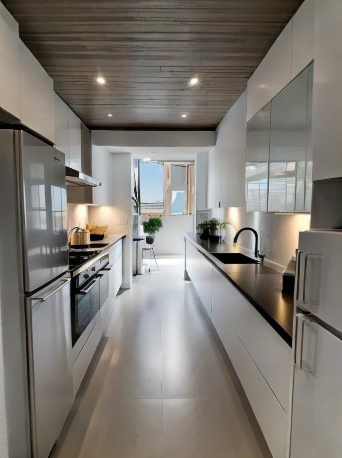 Wąska, nowoczesna kuchnia w odcieniach bieli z drewnianym sufitem, czarnym blatem i widokiem na balkon z roślinami przez okno.