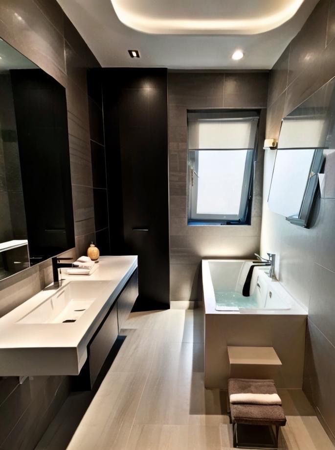 Nowoczesna łazienka w szarościach z wanną wypełnioną wodą, minimalistyczną umywalką z czarną armaturą, i oknem dachowym z roletą.
