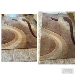 Duo-Partner Anna Sitarczyk - Brązowo-beżowy dywan z geometrycznym wzorem ułożony na podłodze z płytek ceramicznych.