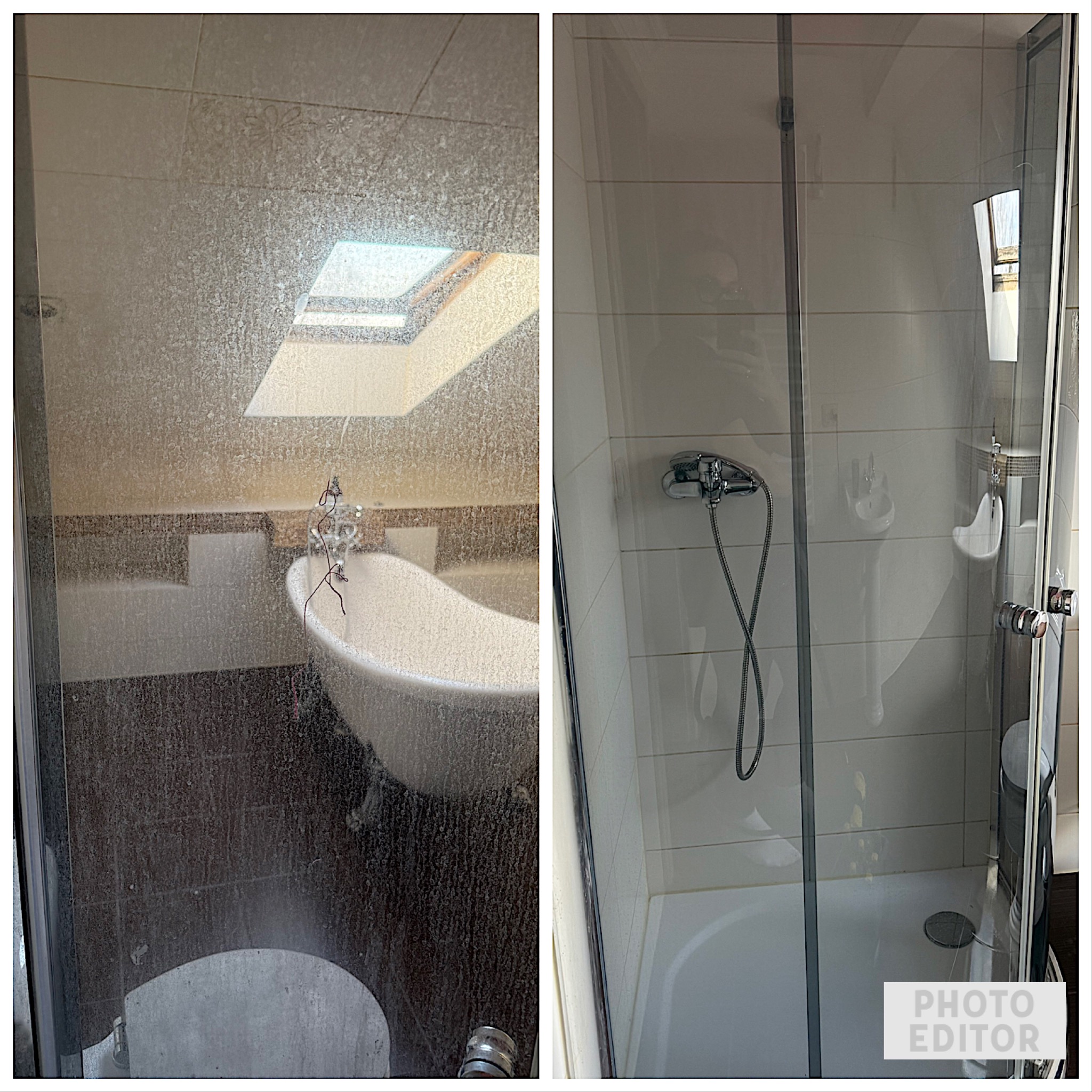 Zdjęcie typu 'przed i po' przedstawiające szklaną kabinę prysznicową: po lewej stronie silnie zabrudzona osadami, po prawej lśniąca czystością z widoczną baterią i akcesoriami łazienkowymi.