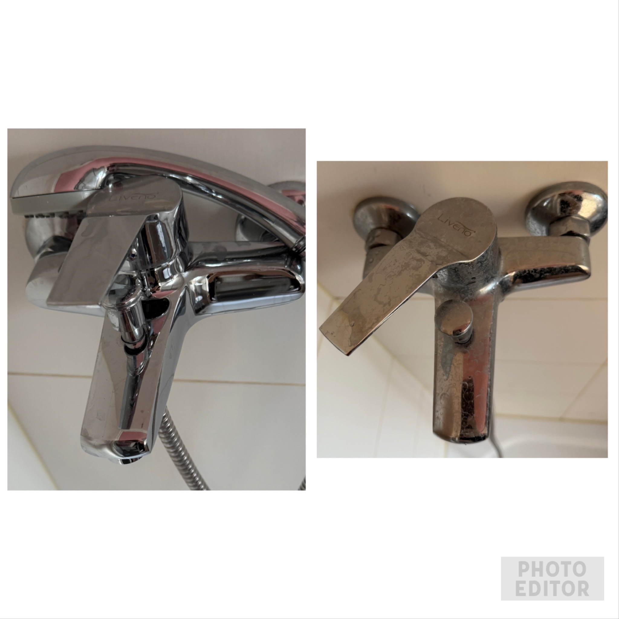 Porównanie stanu baterii prysznicowej: po lewej chromowana, błyszcząca bateria z wężem, po prawej matowa bateria z osadami kamienia na tle płytek.