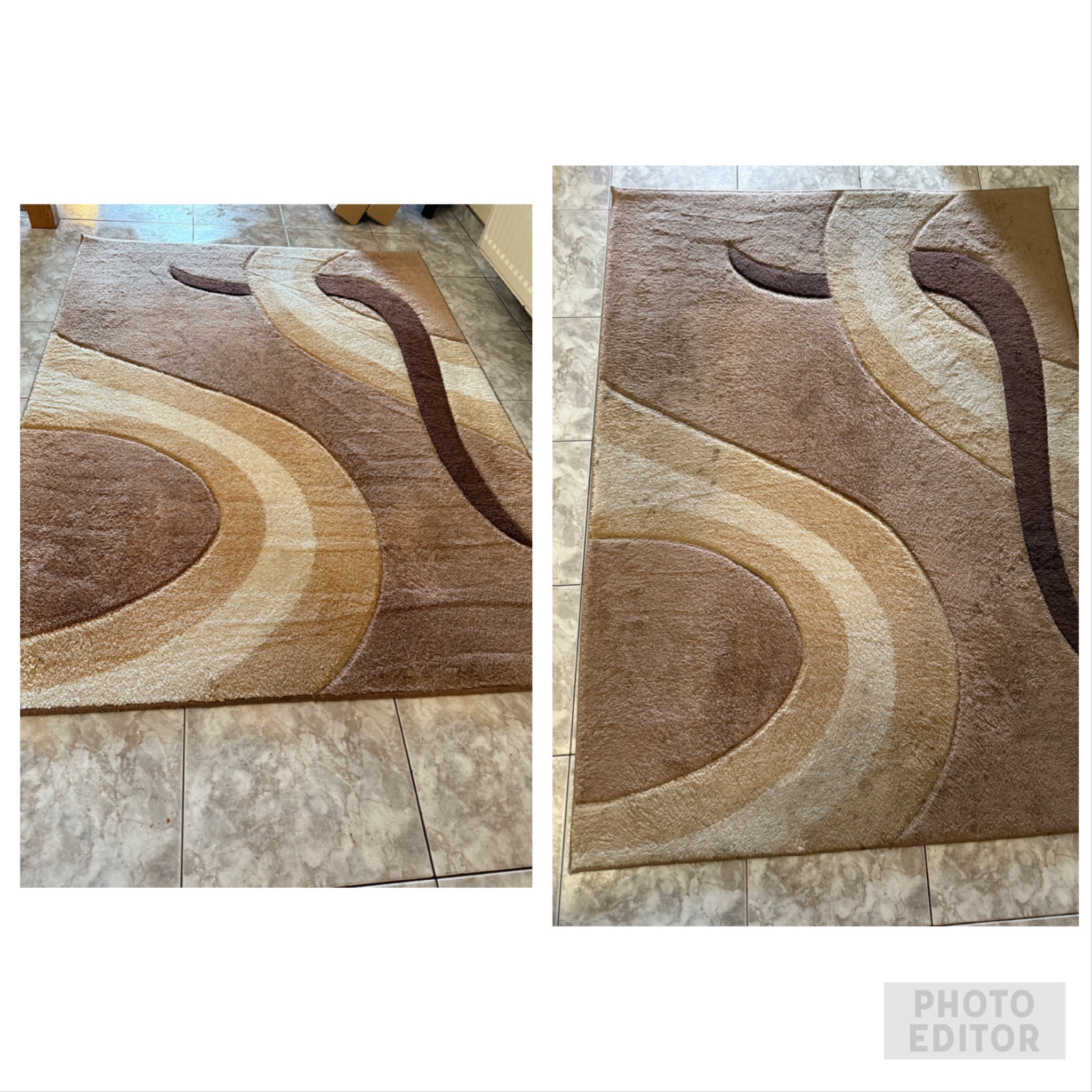 Brązowo-beżowy dywan z geometrycznym wzorem ułożony na podłodze z płytek ceramicznych.