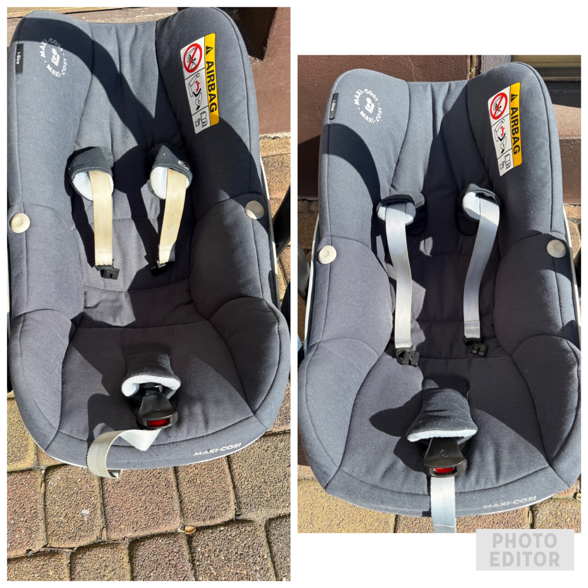 Szare siedzisko fotelika samochodowego Maxi-Cosi i-Size z pasami bezpieczeństwa, sfotografowane w dwóch ujęciach na tle kostki brukowej.