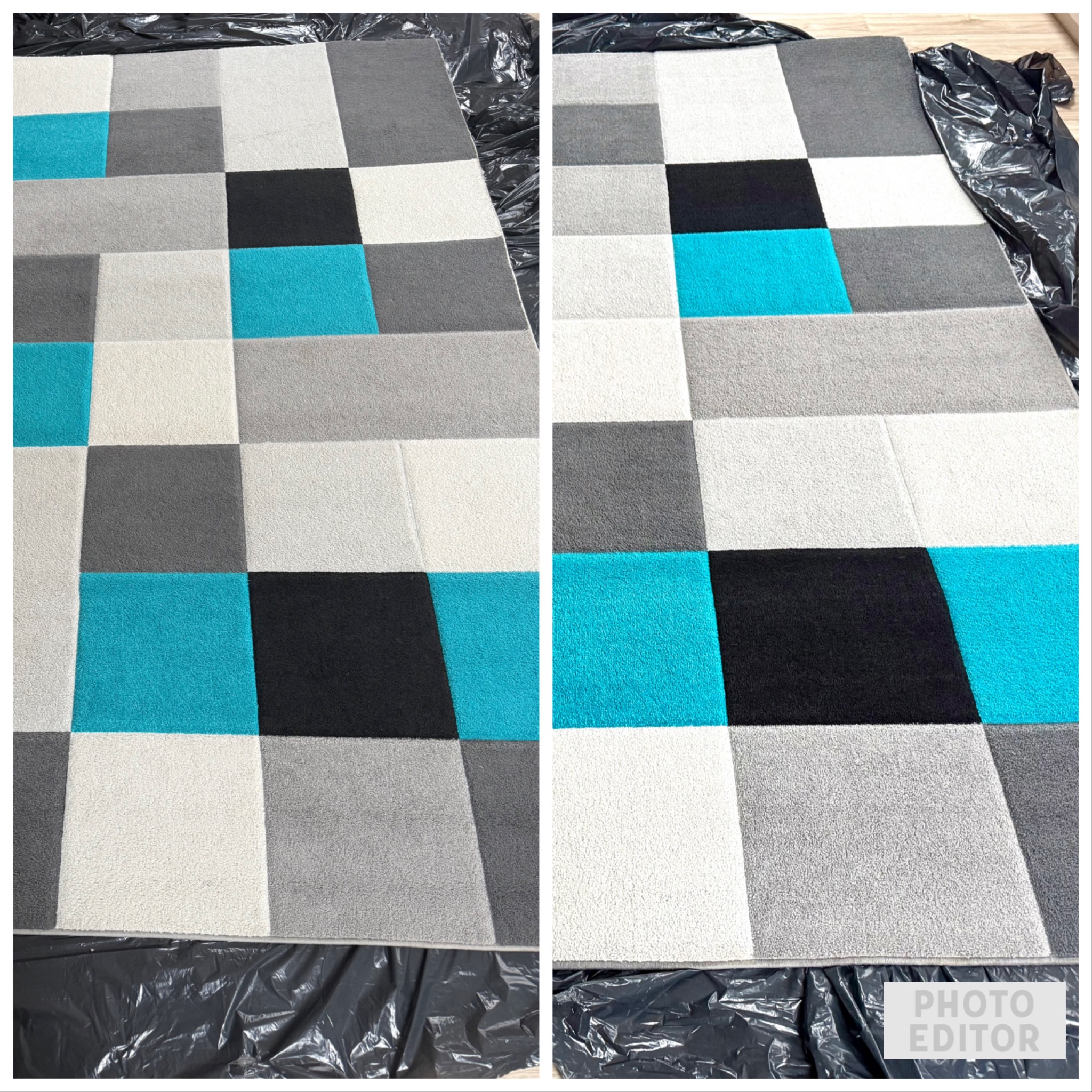 Dywan w geometryczne wzory (turkus, szary, biały, czarny) na folii ochronnej, porównanie stanu przed i po czyszczeniu, widoczne różnice w odcieniach i świeżości kolorów.