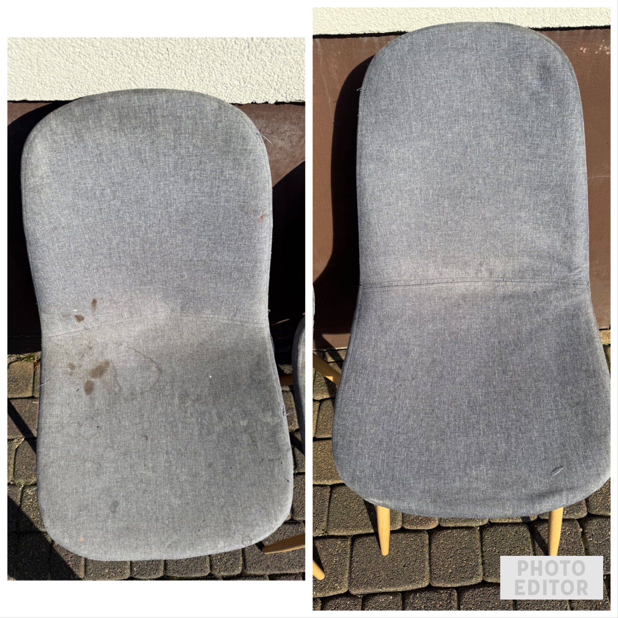 Krzesło tapicerowane szarą tkaniną, widok z tyłu, po lewej stronie przed czyszczeniem z widocznymi plamami, po prawej stronie po czyszczeniu, na tle kostki brukowej.