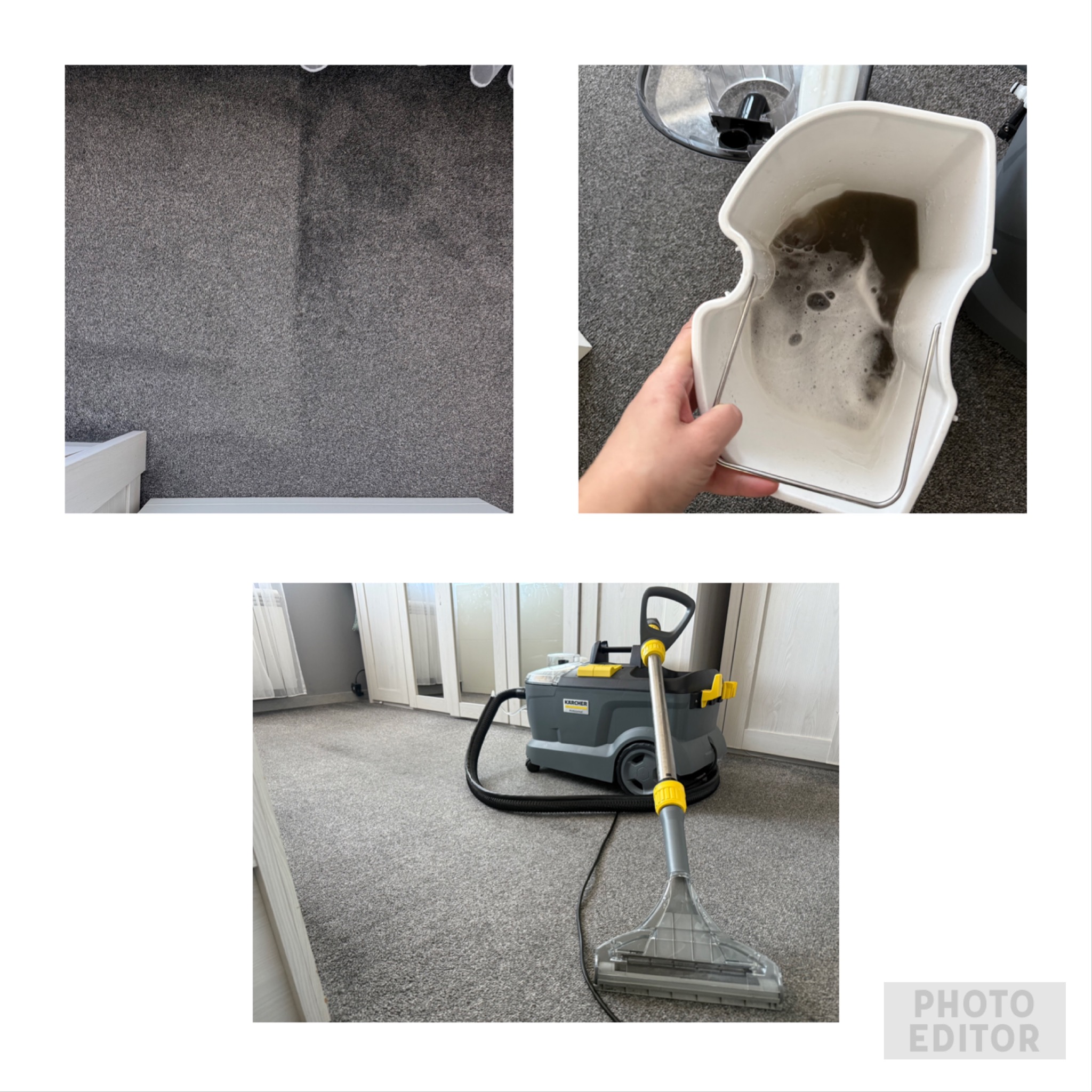 Szary dywan czyszczony odkurzaczem piorącym Karcher; widoczny zbiornik z brudną wodą po praniu oraz fragment czystego dywanu po lewej stronie.