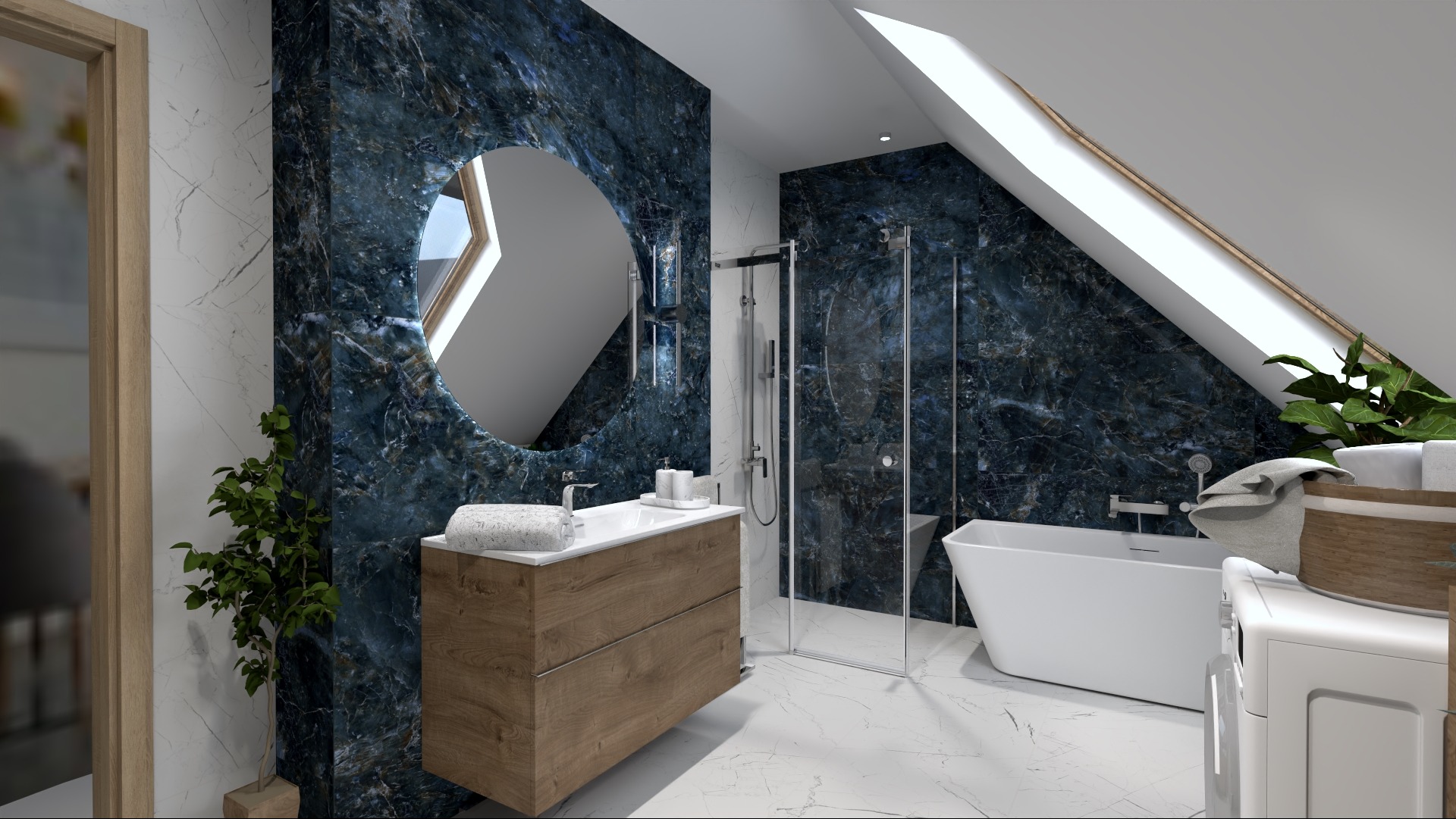 Nowoczesna łazienka na poddaszu z marmurowymi płytkami w odcieniach bieli i granatu, okrągłym lustrem i drewnianą szafką pod umywalką. Widoczna kabina prysznicowa i wolnostojąca wanna.