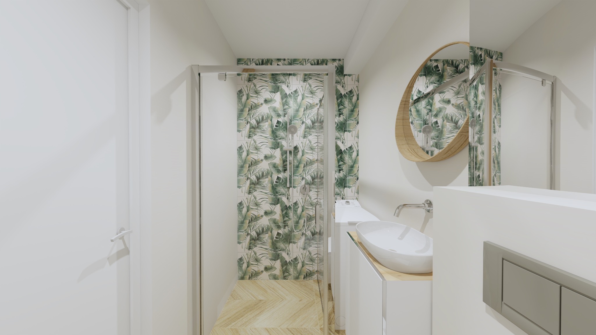 Jasna łazienka z kabiną prysznicową, płytkami w liście, okrągłym lustrem w drewnianej ramie i umywalką na szafce. Na podłodze parkiet ułożony w jodełkę.