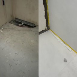 Vinci Art Mikrocement - Porównanie stanu łazienki przed i po wykończeniu: surowy beton na podłodze po lewej stronie i gładka, biała podłoga z odpływem liniowym zabezpieczona żółtą taśmą po prawej.