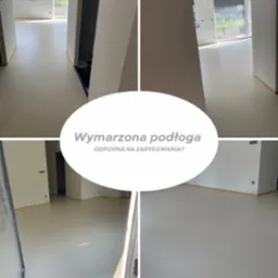 Jasna, jednolita posadzka w czterech ujęciach, zabezpieczona taśmą malarską przy ścianach. Widok na wnętrze z oknami i drzwiami balkonowymi. Minimalistyczny design.