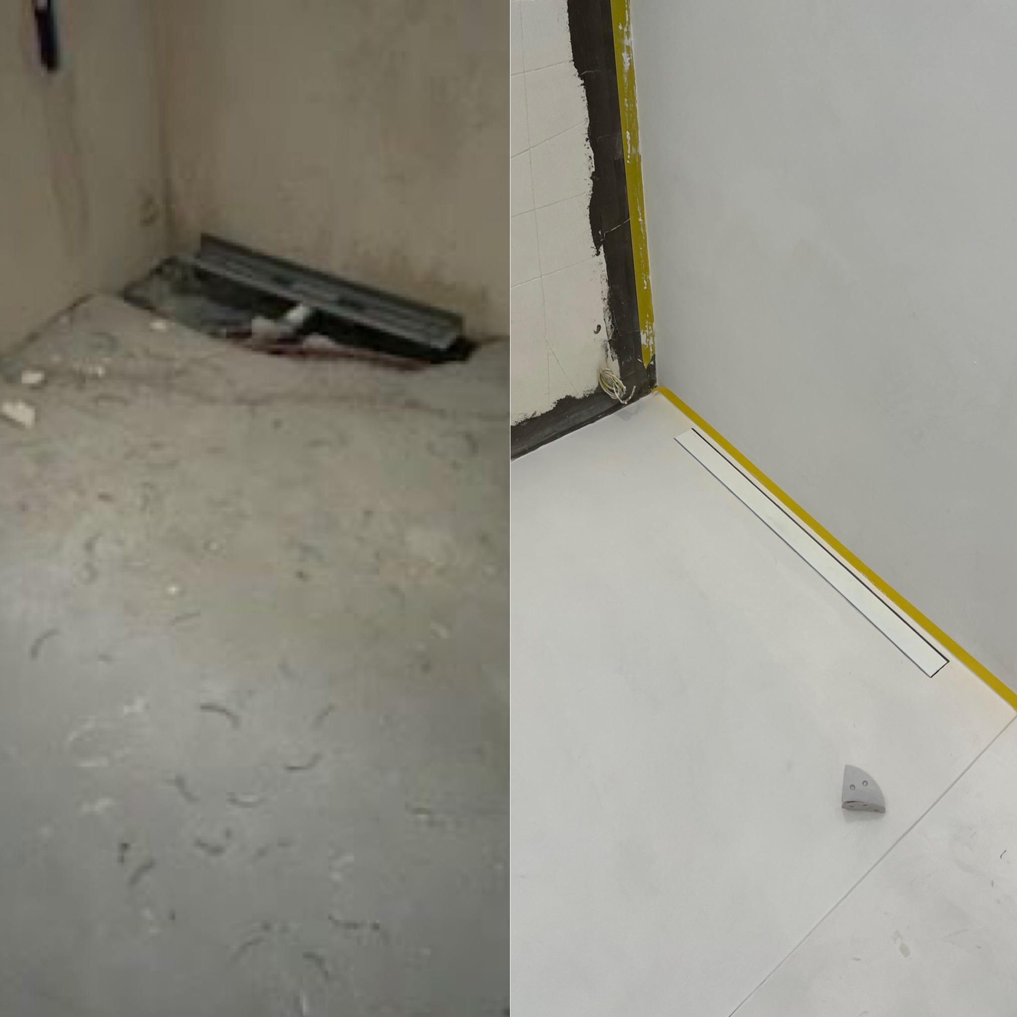 Porównanie stanu łazienki przed i po wykończeniu: surowy beton na podłodze po lewej stronie i gładka, biała podłoga z odpływem liniowym zabezpieczona żółtą taśmą po prawej.