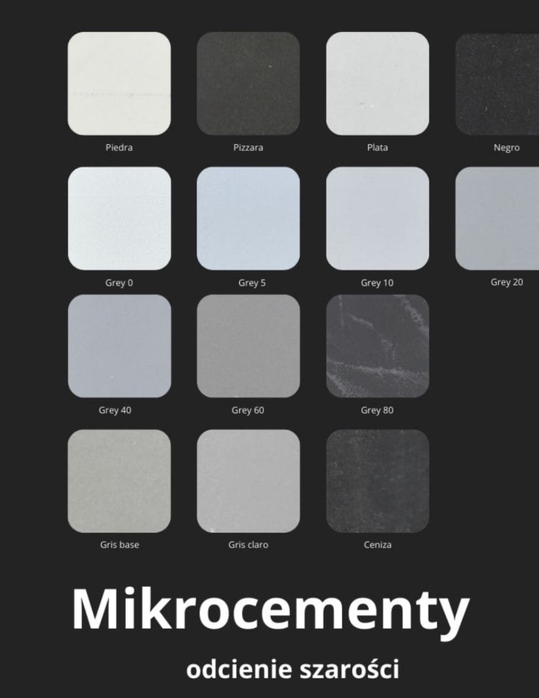 Paleta szarości: próbki kolorystyczne z nazwami odcieni, prezentujące materiał wykończeniowy.