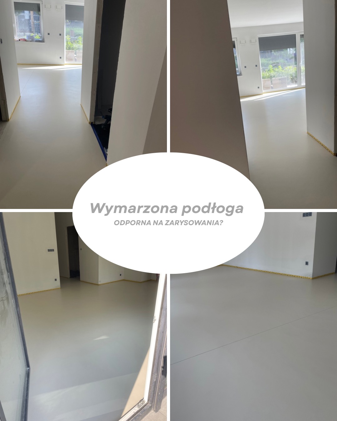 Jasna, jednolita posadzka w czterech ujęciach, zabezpieczona taśmą malarską przy ścianach. Widok na wnętrze z oknami i drzwiami balkonowymi. Minimalistyczny design.