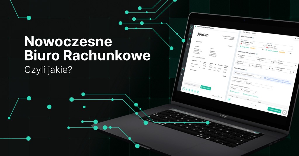 Laptop z otwartym programem do fakturowania i księgowości, na ekranie widoczna faktura firmy X-KOM, w tle napis 'Nowoczesne Biuro Rachunkowe Czyli jakie?'