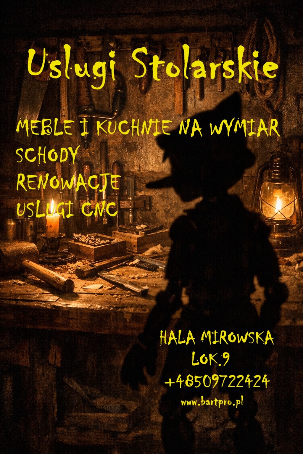Mroczne zdjęcie warsztatu stolarskiego z narzędziami, lampą naftową i sylwetką Pinokia. Reklama usług stolarskich: meble, kuchnie na wymiar, schody, renowacje, CNC.