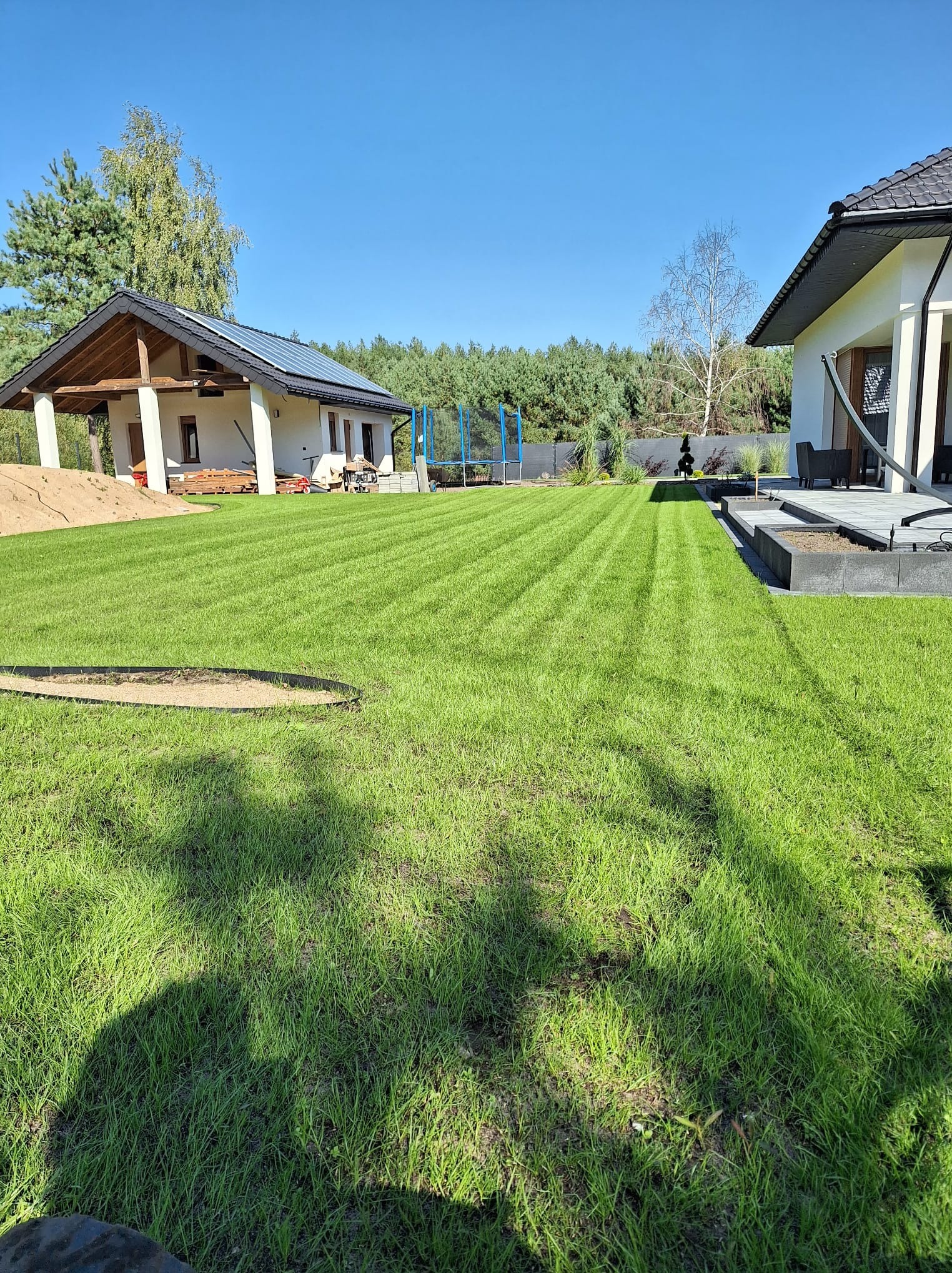 Perfekcyjnie skoszony trawnik z pasami w Koninie, otoczony nowoczesnymi domami i drzewami, widok w słoneczny dzień.