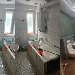 MSW Michał Sielski Wykończenia - Fotografia przedstawia zestawienie stanu łazienki przed i po remoncie: po lewej stronie widoczna stara, zaniedbana łazienka z białą armaturą i odpadającymi płytkami, po prawej odnowiona łazienka...