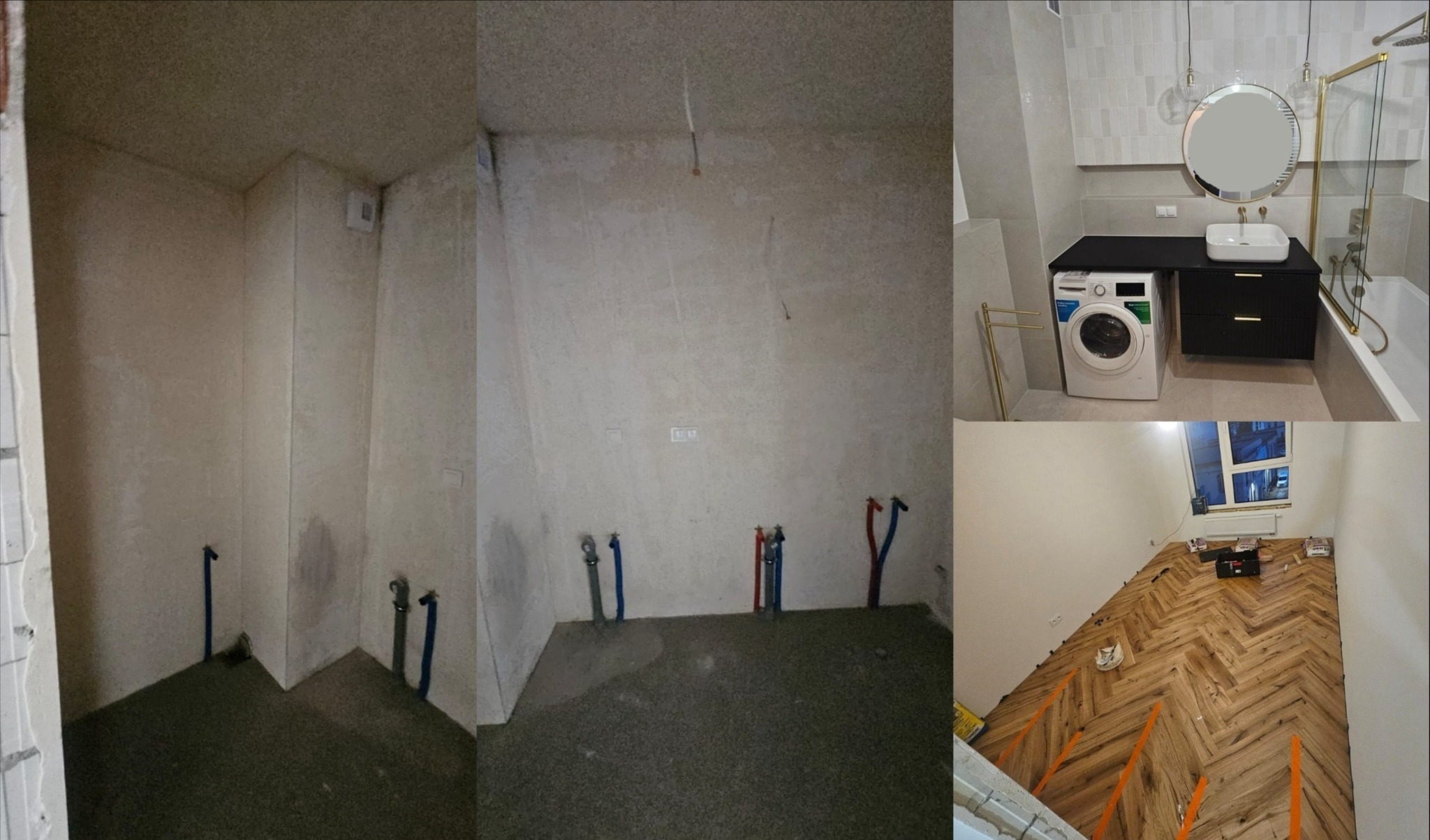 Kolaż przedstawia trzy etapy prac: surowe ściany z wyprowadzonymi instalacjami wodnymi, gotową łazienkę z pralką, umywalką i wanną w stylu glamour, oraz parkiet ułożony we wzór jodełki...