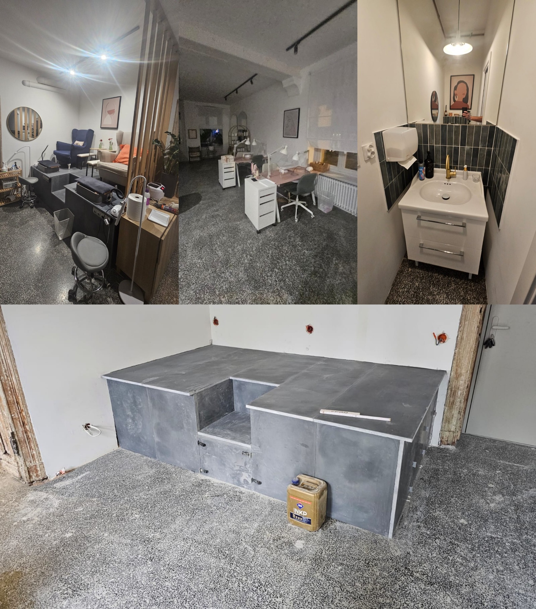 Wnętrze salonu kosmetycznego z trzema strefami: stanowiska do manicure, strefa relaksu z fotelami i łazienka z umywalką; w dolnej części kadru widoczna konstrukcja pod wylewkę z zaprawą.