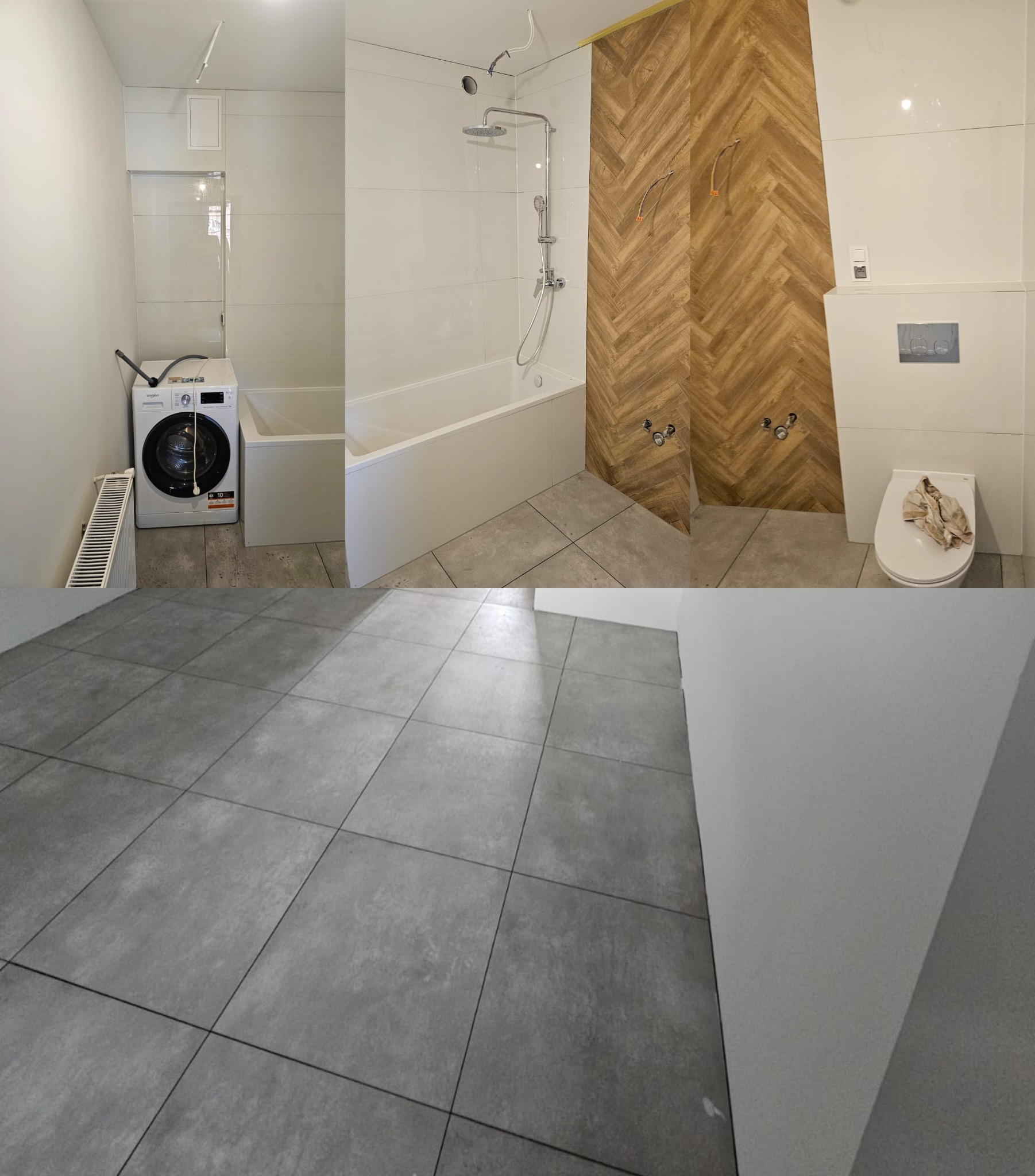 Częściowo wykończona łazienka z drewnopodobną ścianą w jodełkę, białą wanną, toaletą z deską i pralką, szare płytki podłogowe, widoczne instalacje wodne.