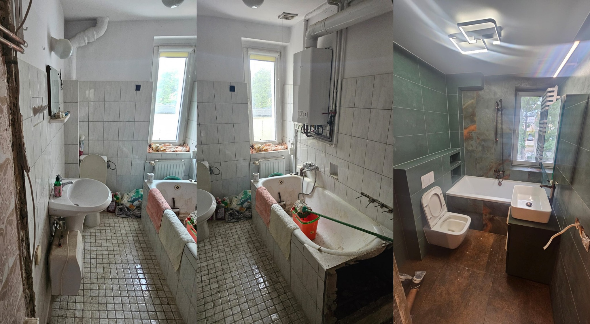 Fotografia przedstawia zestawienie stanu łazienki przed i po remoncie: po lewej stronie widoczna stara, zaniedbana łazienka z białą armaturą i odpadającymi płytkami, po prawej odnowiona łazienka...