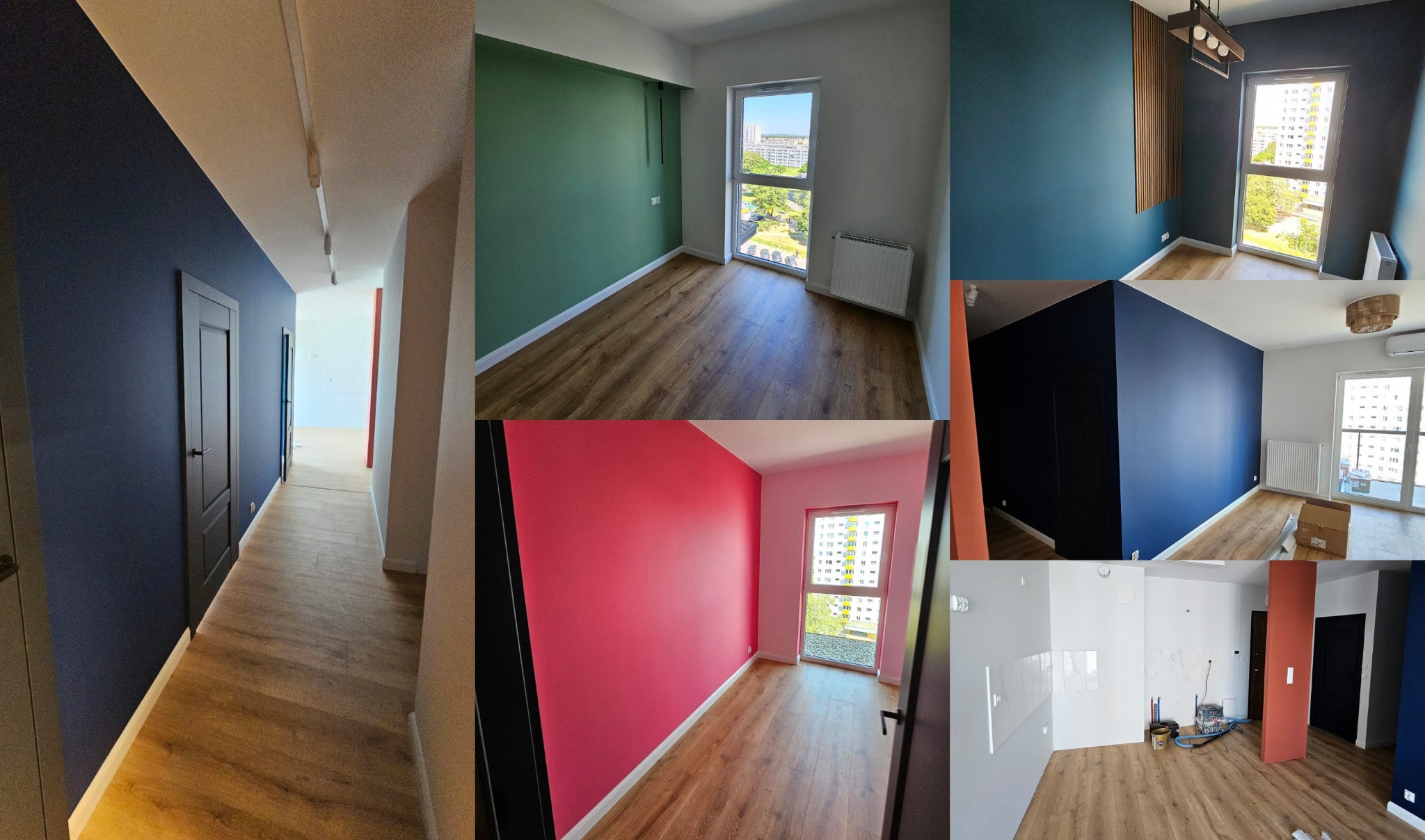 Kolaż przedstawiający wnętrza mieszkania po odświeżeniu: korytarz z granatową ścianą i drewnianą podłogą, pokój z zieloną ścianą i grzejnikiem pod oknem, pokój z różową ścianą, pokój z granatową...