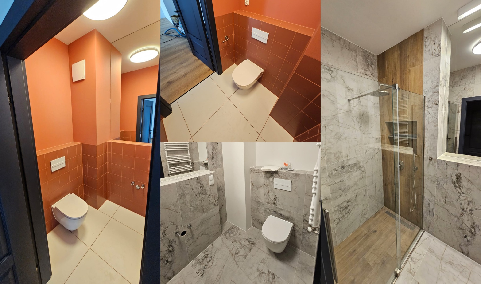 Trzy ujęcia wykończonej łazienki: pomarańczowe ściany z brązowymi płytkami, marmurowe płytki z drewnianymi akcentami i szklanym prysznicem, oraz marmurowe płytki z grzejnikiem.
