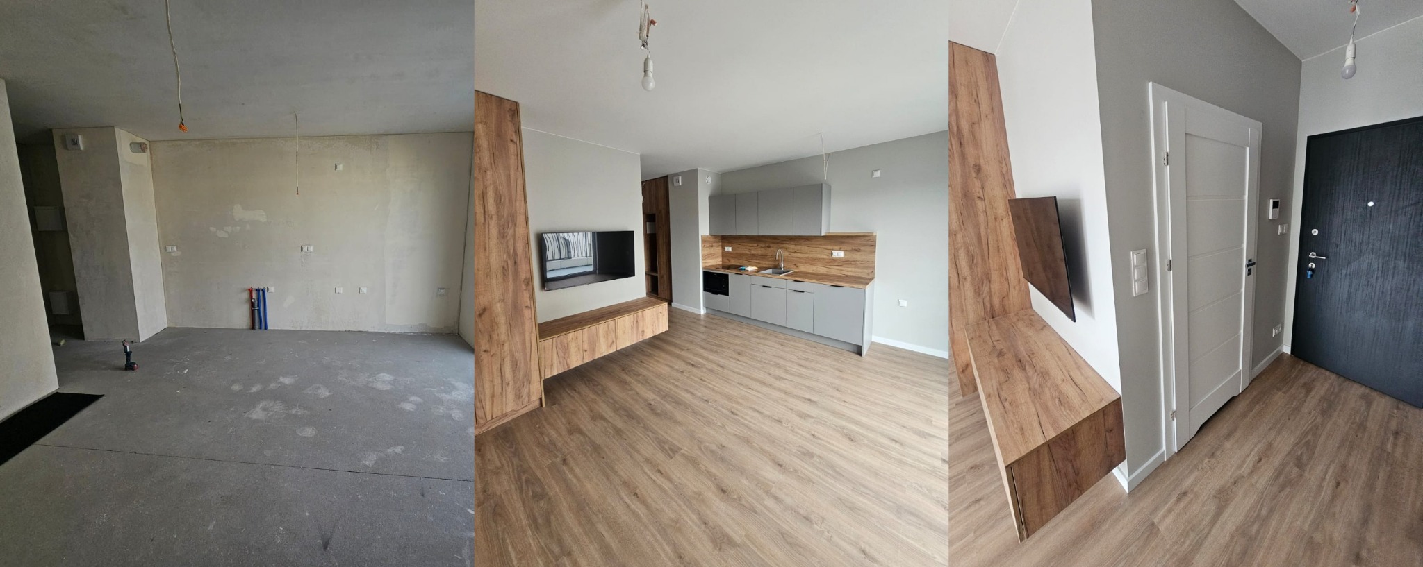 Zdjęcie ukazuje postęp prac w mieszkaniu: od surowego stanu z odsłoniętą instalacją po wykończone wnętrze z panelami podłogowymi, zabudową RTV z drewnopodobnym fornirem i szarą zabudową kuchenną.