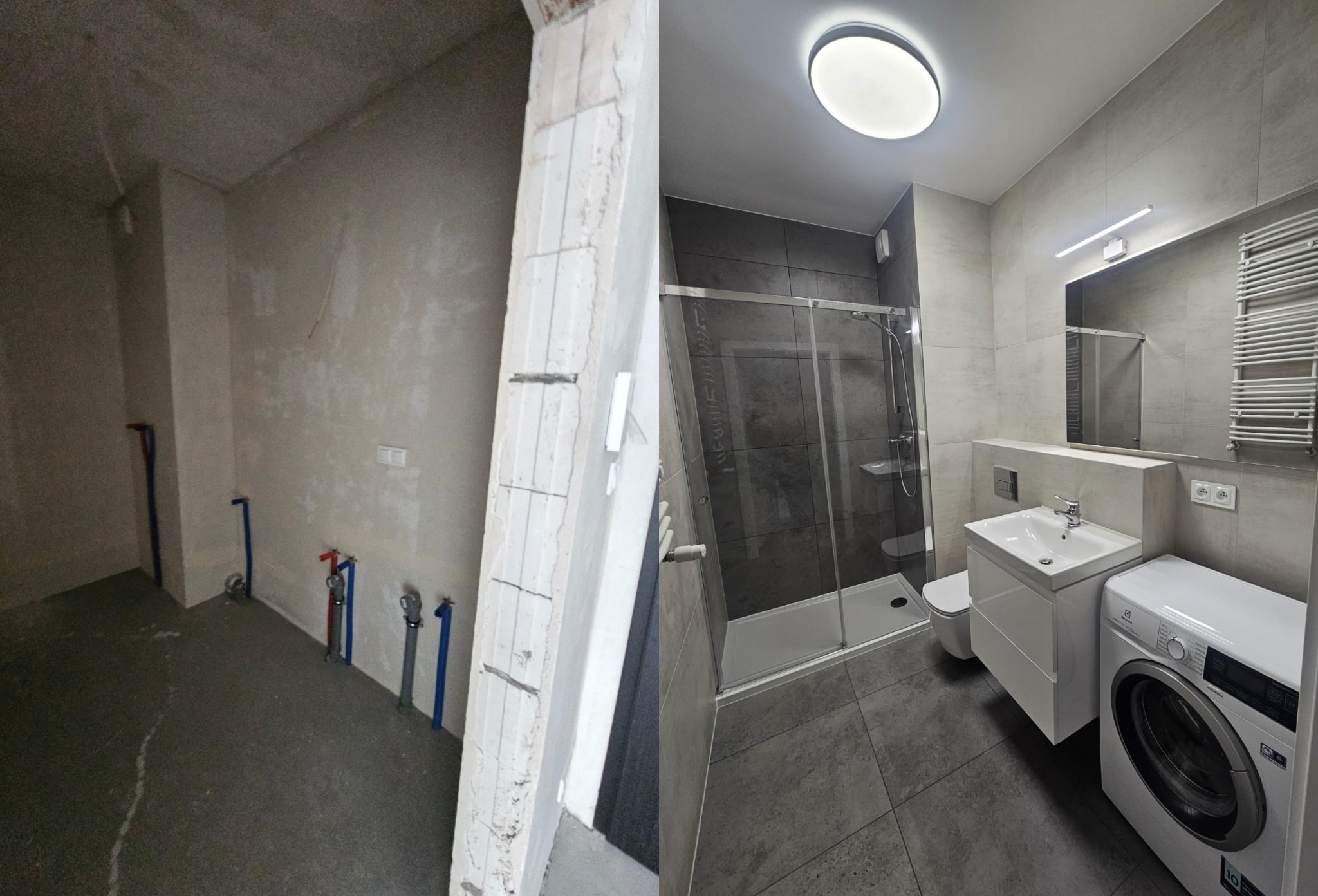 Zdjęcie typu 'przed i po' przedstawiające surowy stan łazienki z widocznymi rurami oraz wykończoną, nowoczesną łazienkę z kabiną prysznicową, umywalką, toaletą i pralką.