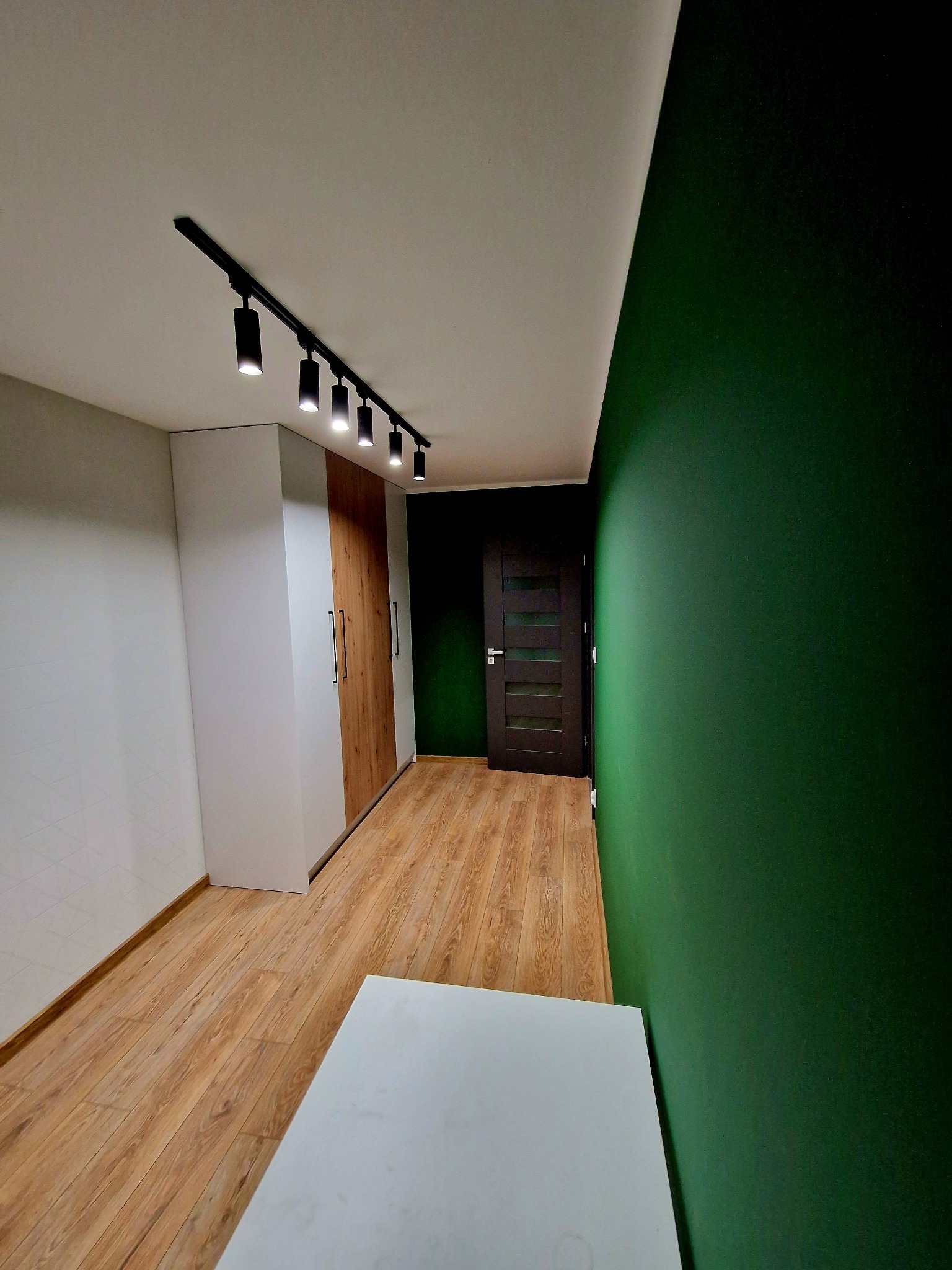 Wnętrze z szafą na wymiar o białych frontach i drewnianych akcentach, oświetloną szynoprzewodem, na tle zielonej ściany i drewnianej podłogi.