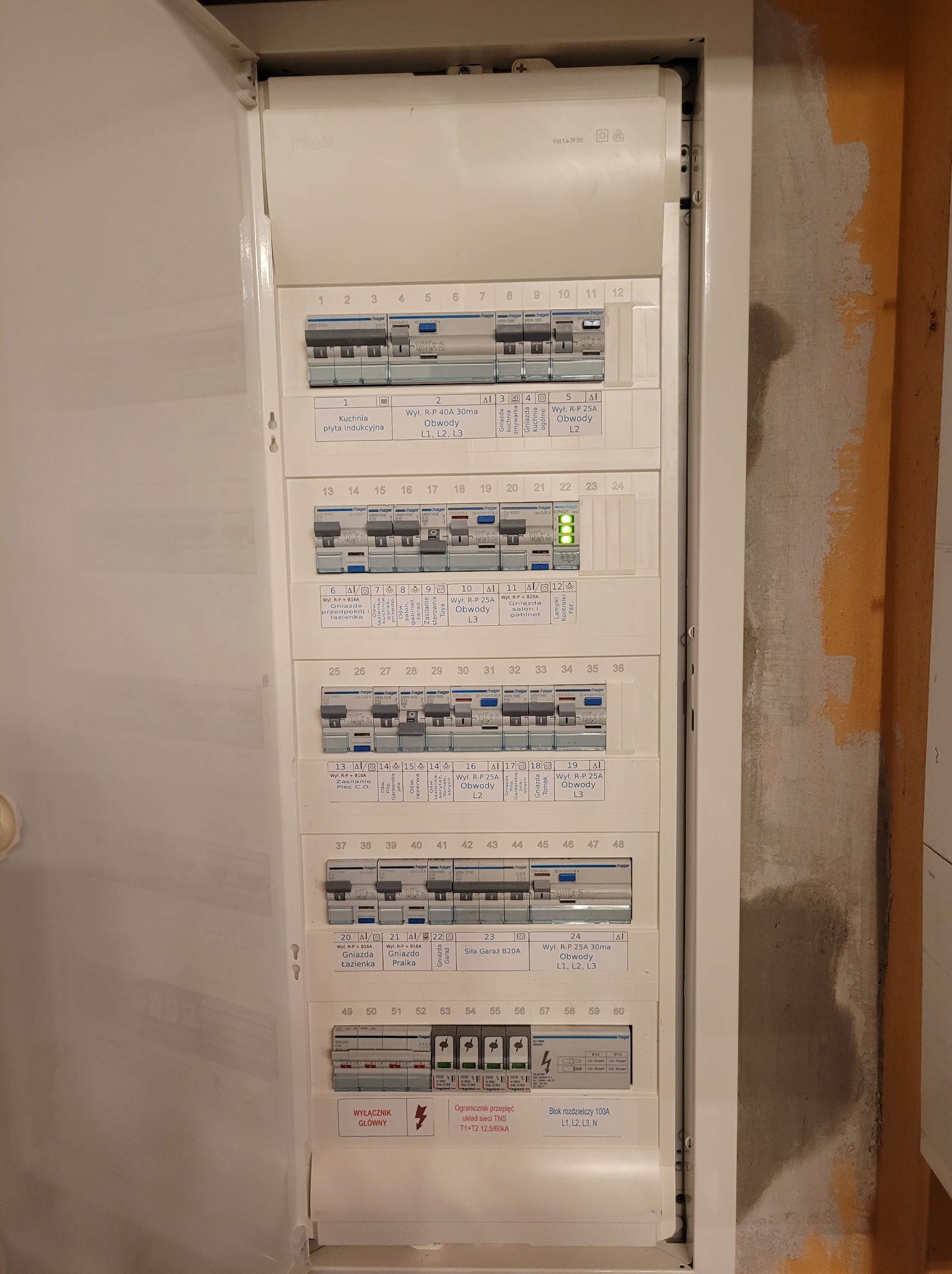 Otwarta skrzynka rozdzielcza z bezpiecznikami i wyłącznikami różnicowoprądowymi marki Hager, z opisami obwodów, widoczna instalacja elektryczna w trakcie montażu.