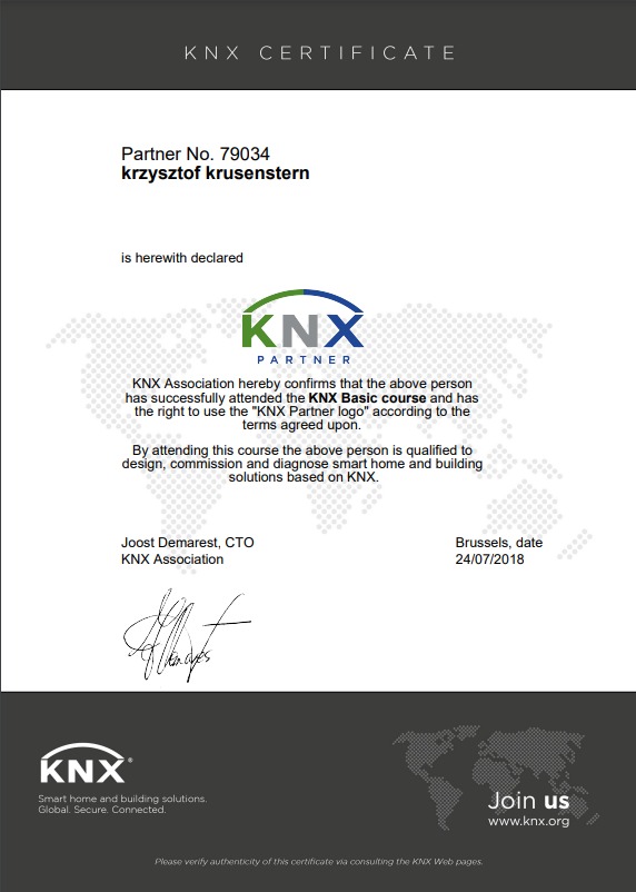 Certyfikat KNX Partner dla Krzysztofa Krusensterna, potwierdzający ukończenie kursu KNX Basic i uprawnienia do projektowania, uruchamiania i diagnozowania inteligentnych domów i budynków w oparciu...
