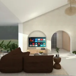 Wizualizacja wnętrza domu z otwartą przestrzenią, gdzie dominuje brązowa sofa, stół z krzesłami, telewizor w niszy łukowej i spiralne schody z roślinami.