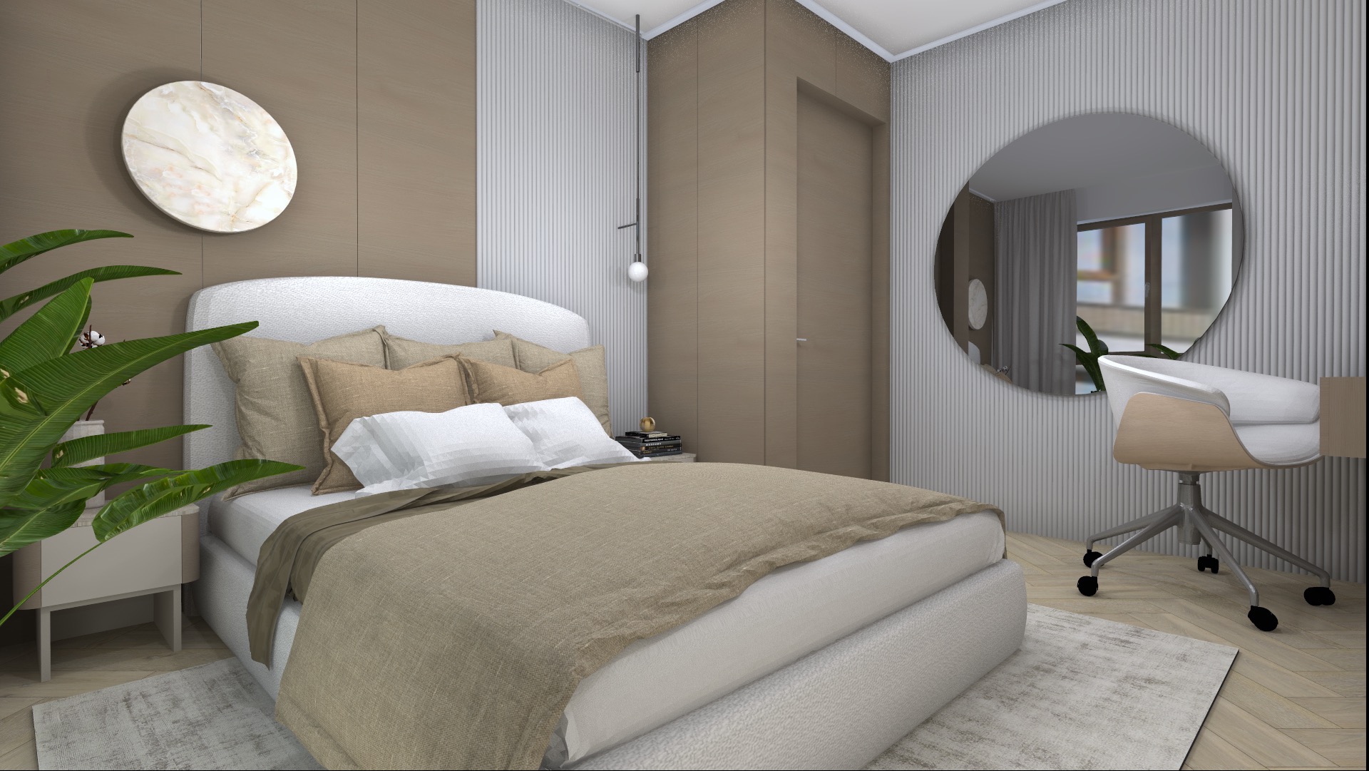 Neutralna sypialnia z łóżkiem z tapicerowanym zagłówkiem, okrągłym lustrem nad biurkiem z krzesłem na kółkach oraz rośliną w doniczce na stoliku nocnym, całość utrzymana w beżowej tonacji.