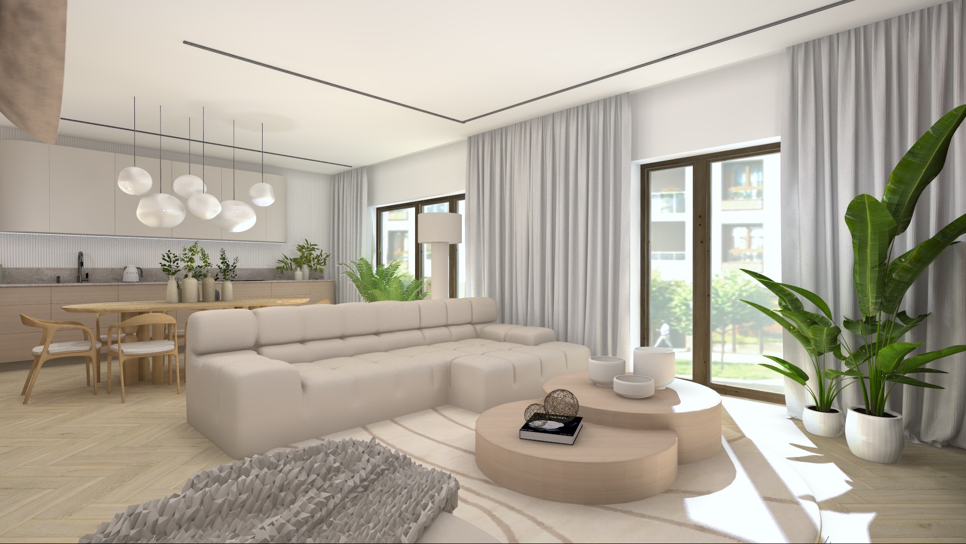Jasne wnętrze salonu z aneksem kuchennym, beżowa sofa modułowa, okrągłe stoliki kawowe z dekoracjami, drewniany stół z krzesłami, wiszące lampy kuliste, duże okna z białymi zasłonami i rośliny...