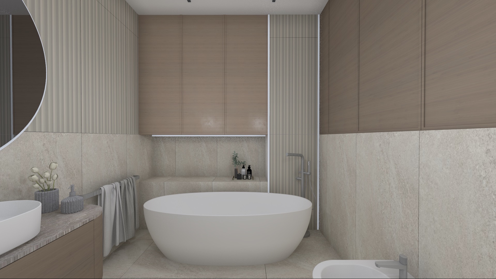 Wizualizacja łazienki w stonowanych beżach i brązach, z wolnostojącą wanną, umywalką nablatową i drewnianymi szafkami wiszącymi. Dekoracyjne pionowe panele ścienne i subtelne oświetlenie LED...