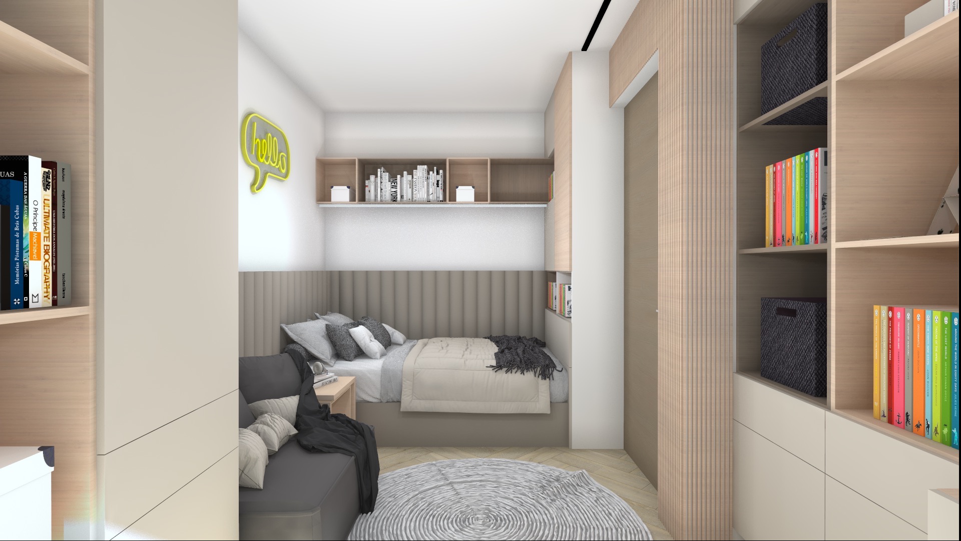 Wizualizacja pokoju dziecięcego z łóżkiem, szarą sofą, okrągłym dywanem i półkami na książki, oświetlona neonowym napisem 'hello'.
